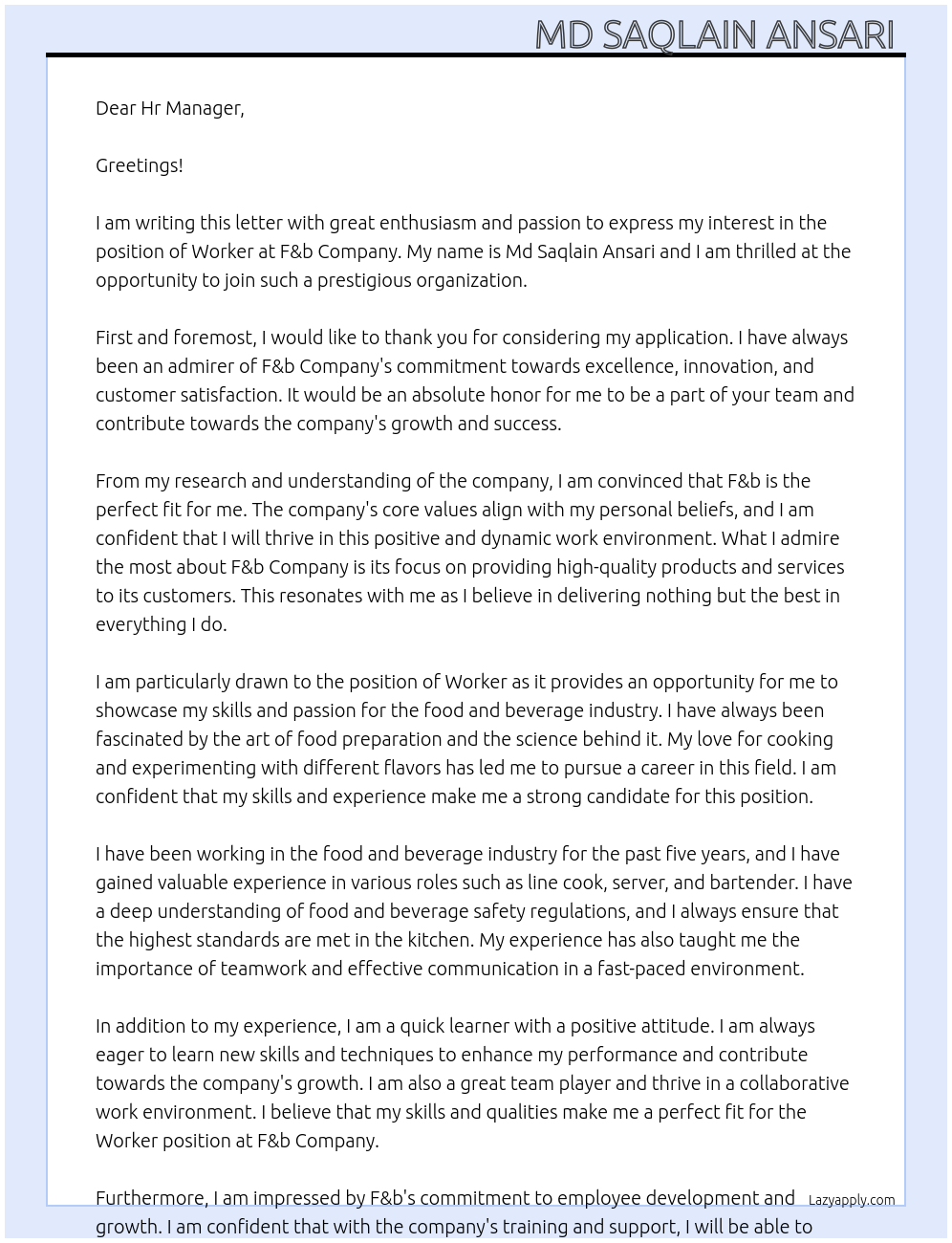 Worker At F&b company Cover Letter