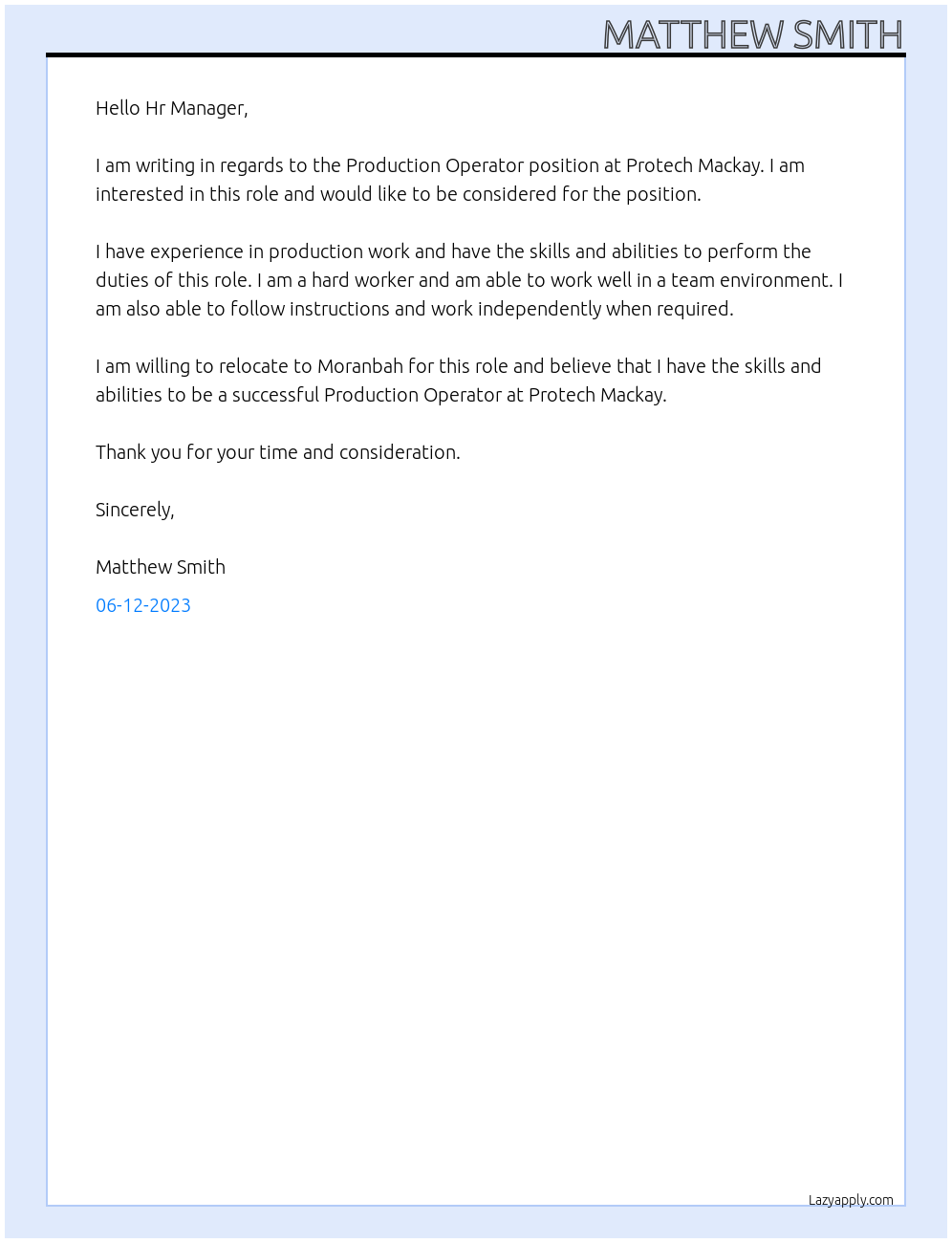 Production Operator At Protech Mackay Cover Letter