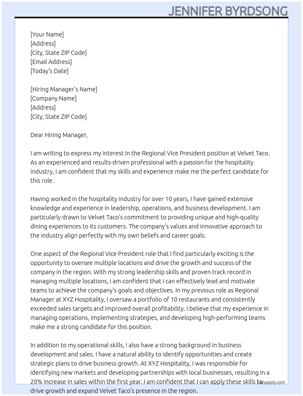 Regional Vice President At Velvet Taco Cover Letter