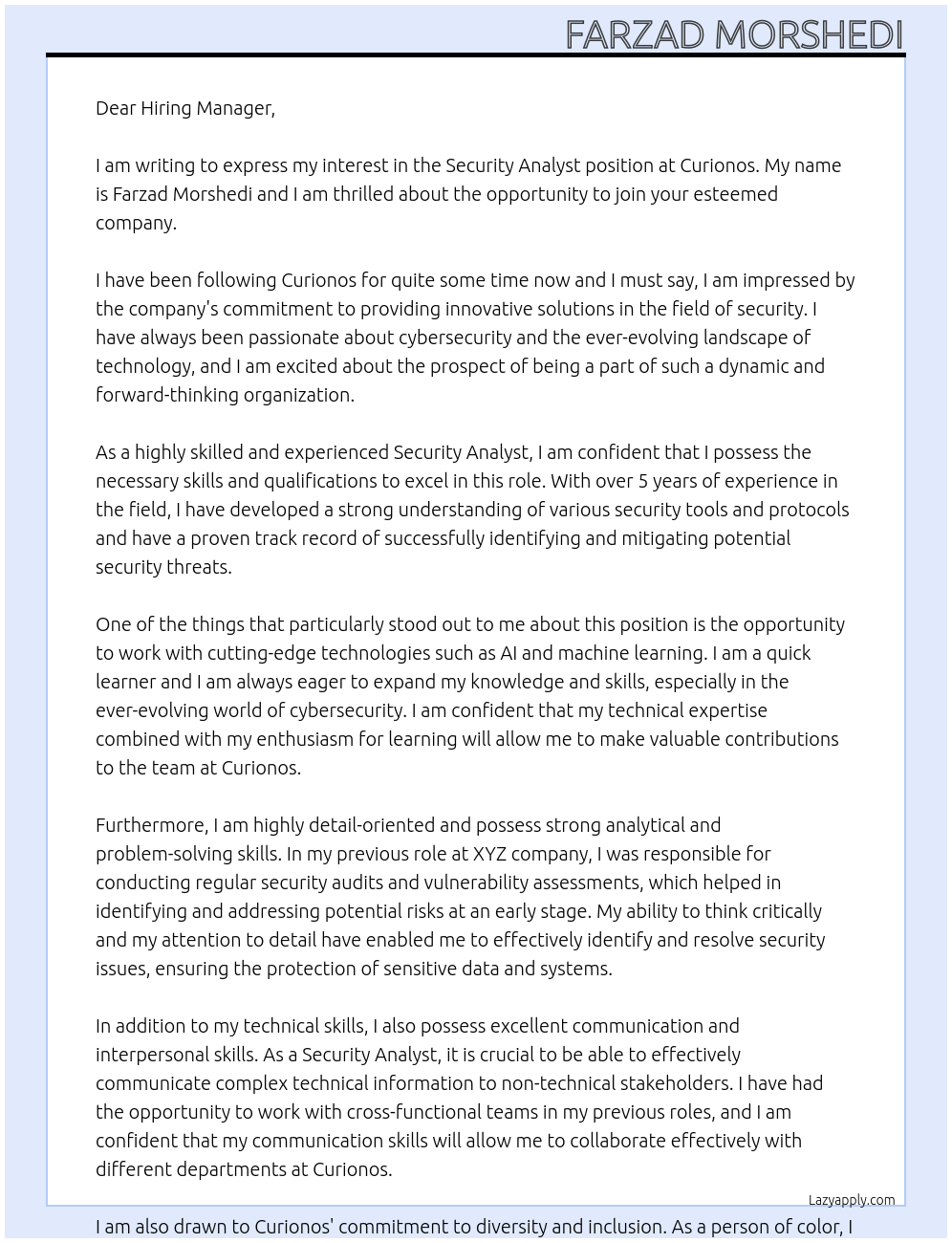 Security Analyst At Curionos Cover Letter