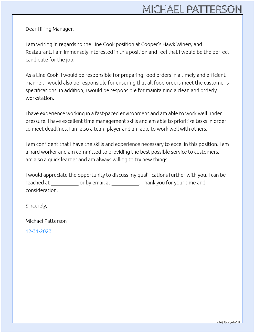 Line Cook At Cooper's Hawk Winery and Restaurant  Cover Letter