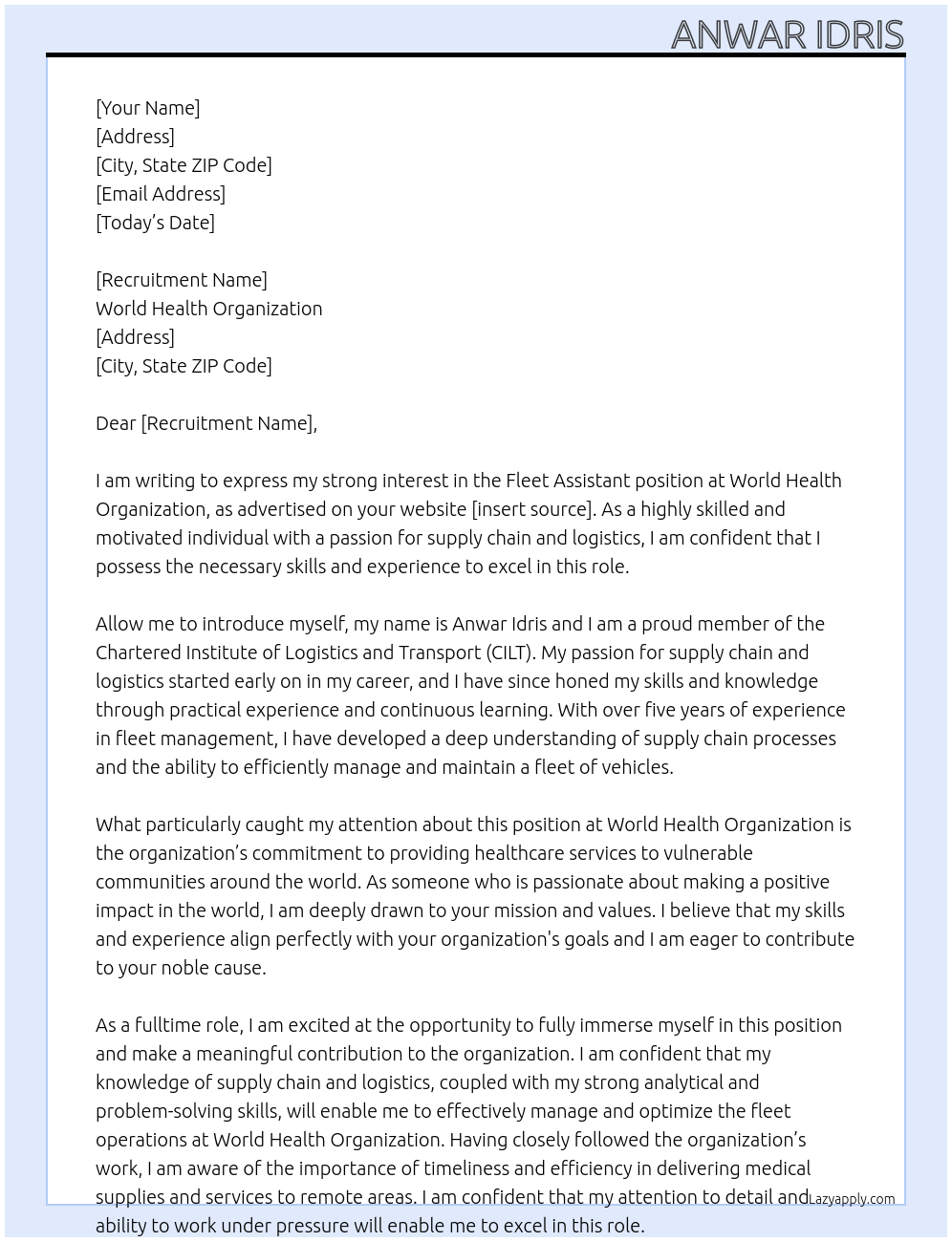 Fleet Assistant At World Health Organization Cover Letter