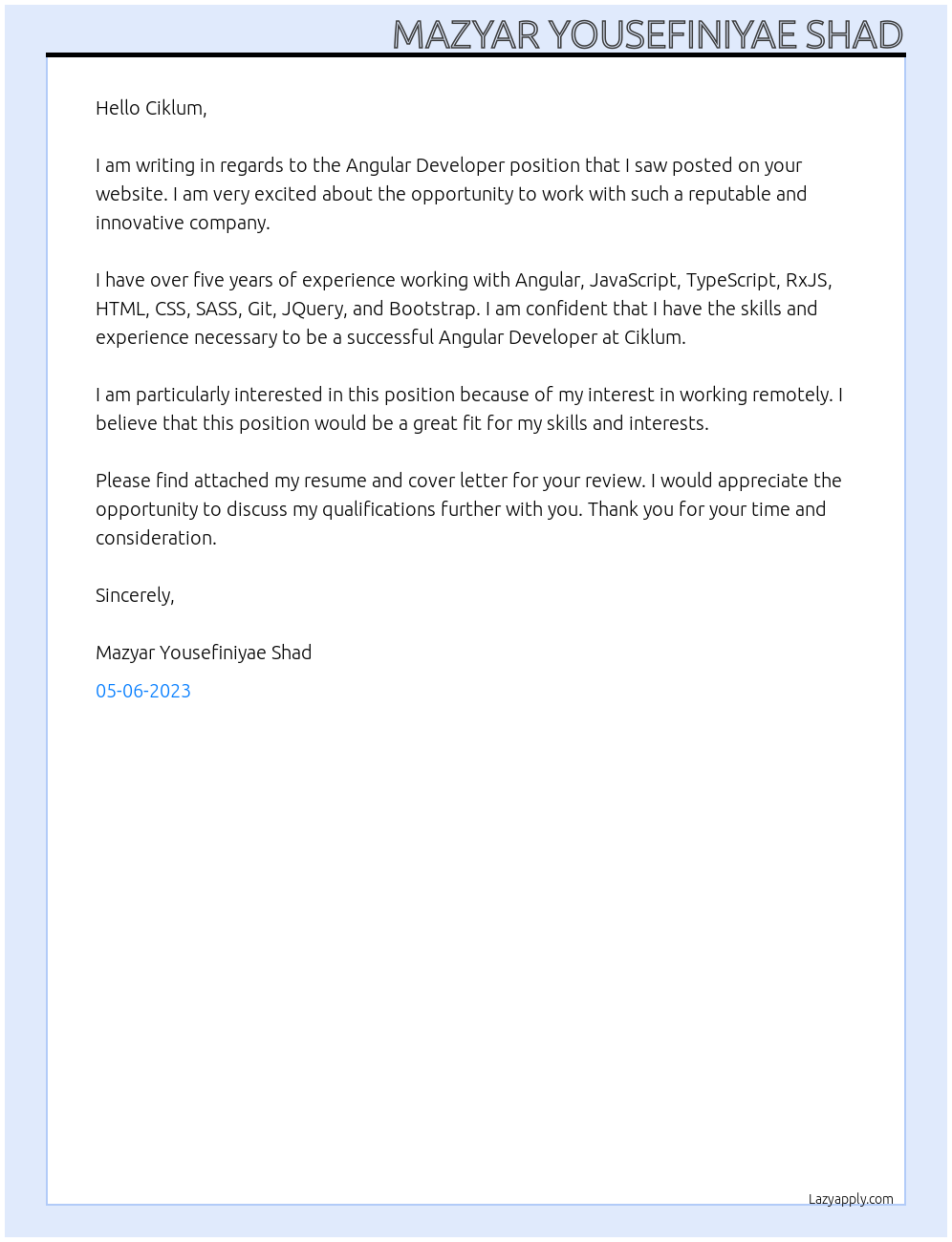 Angular Developer At Ciklum Cover Letter