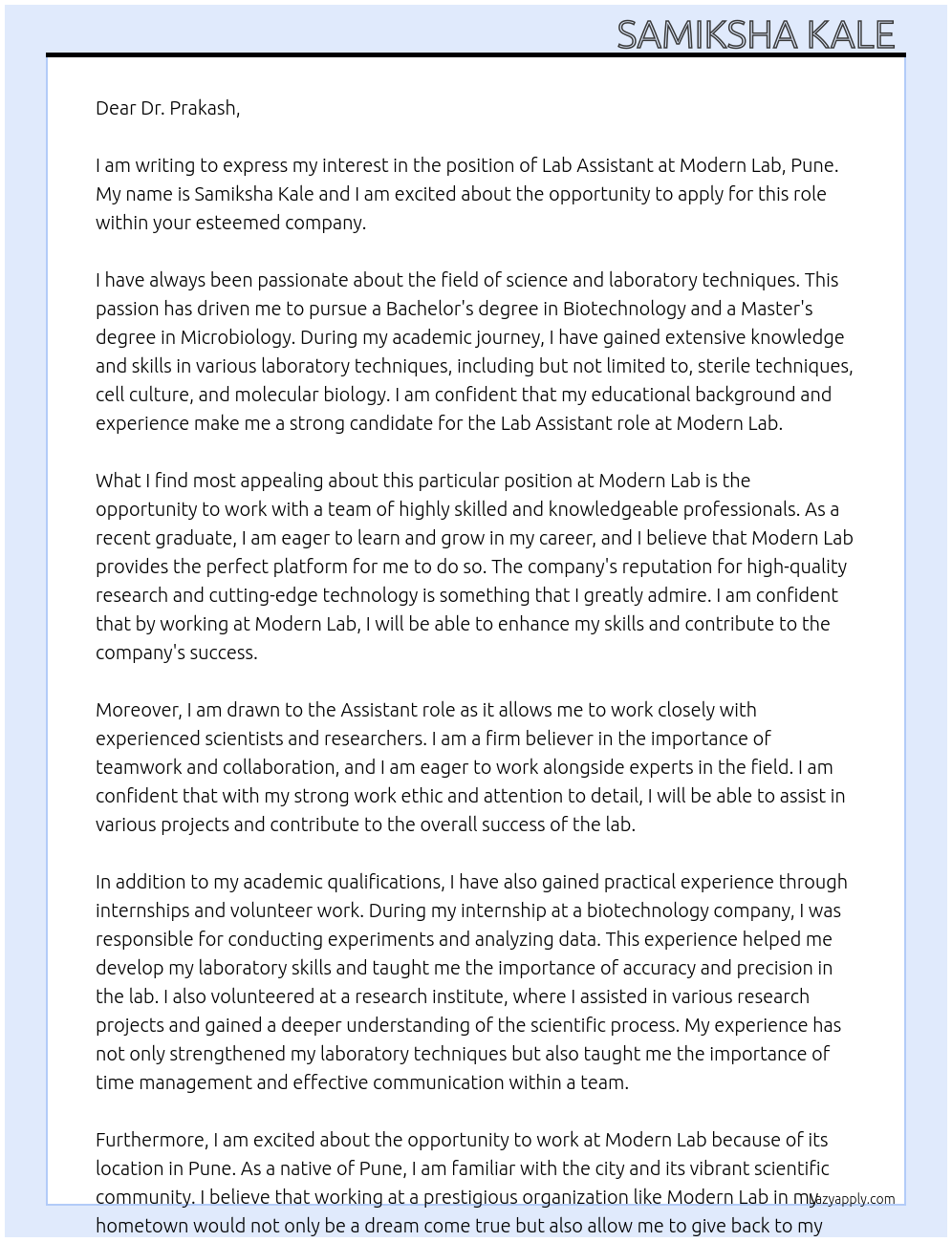 Lab assistant At Modern Lab, Pune Cover Letter