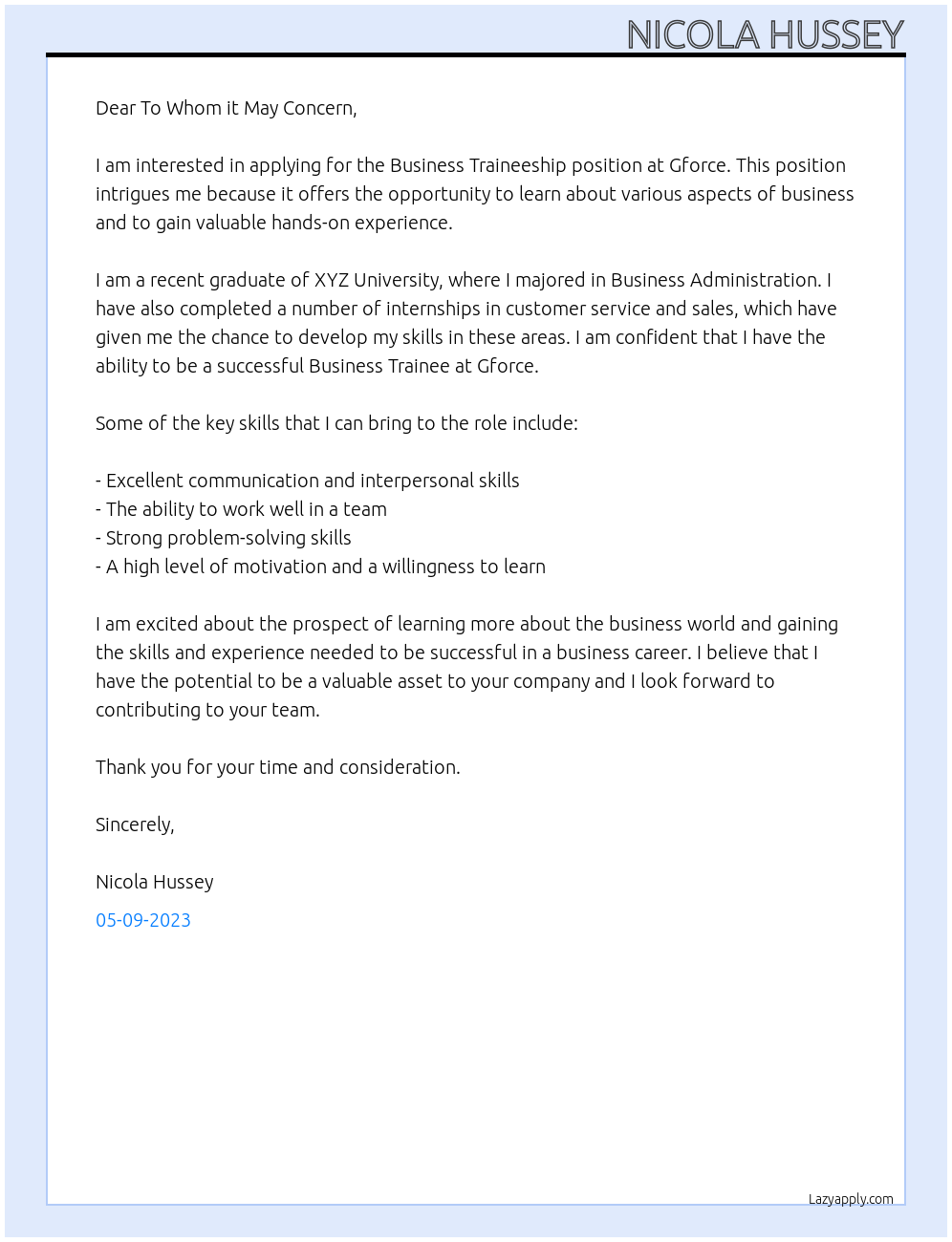 Business Traineeship At Gforce Cover Letter