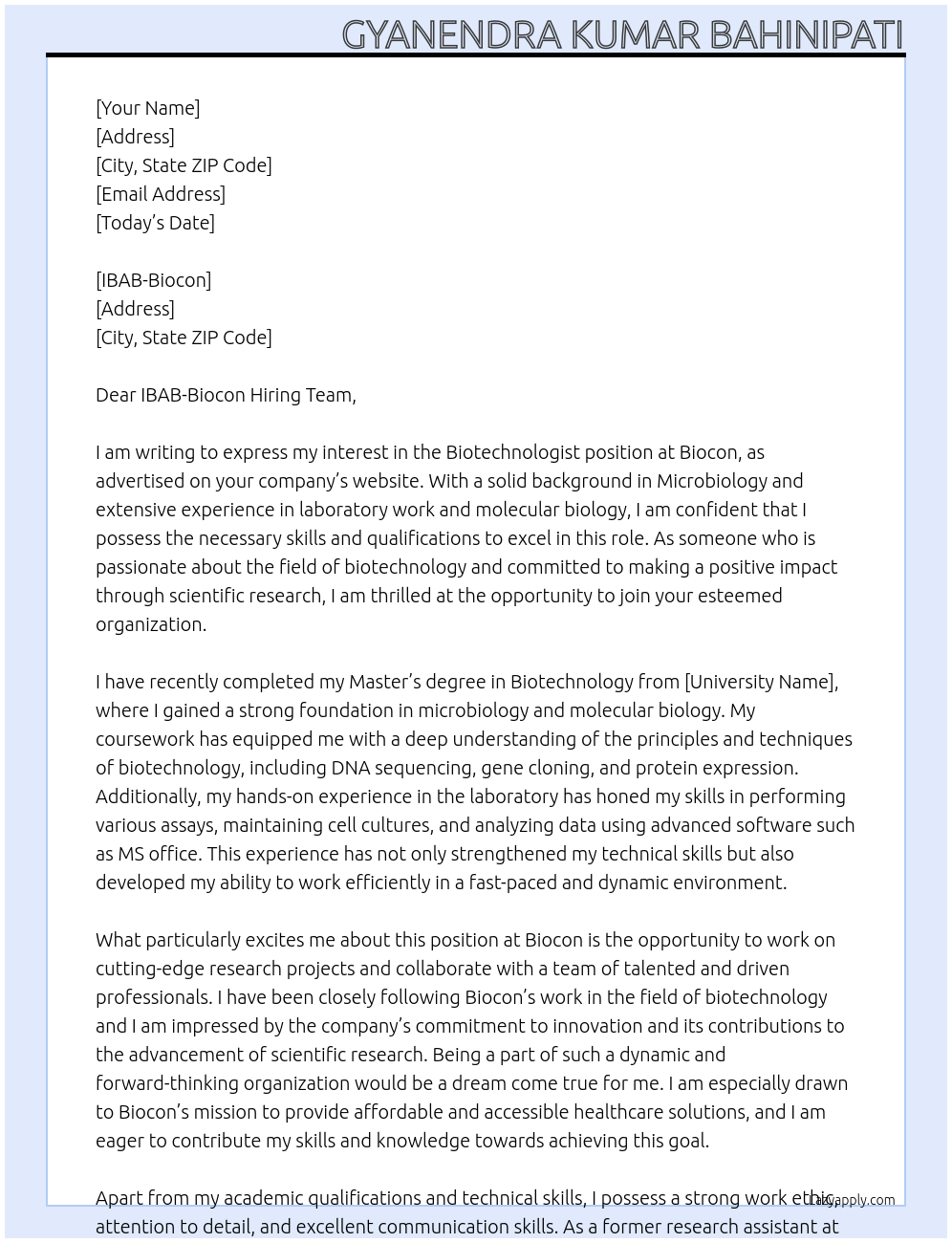 Biotechnologist  At Biocon Cover Letter