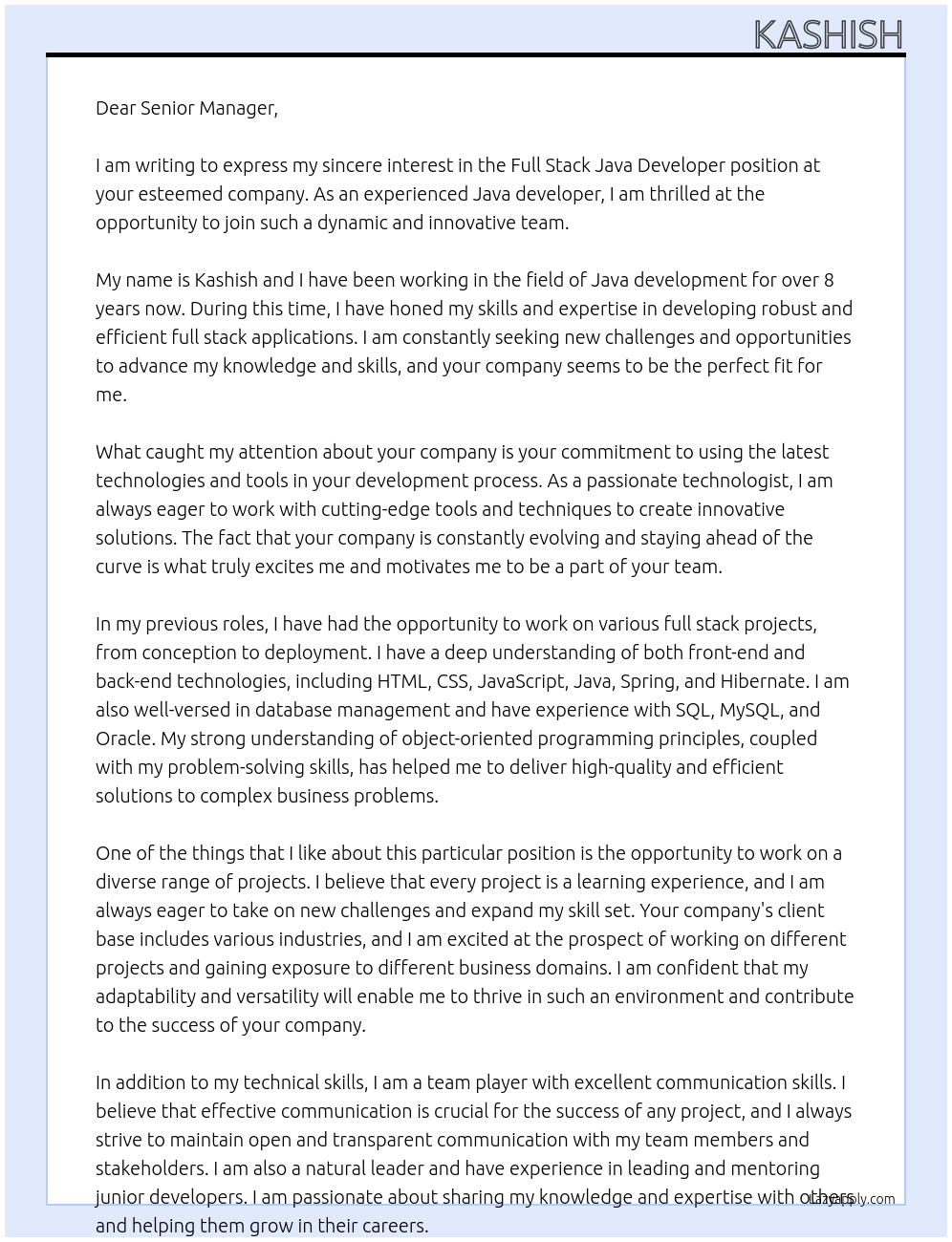 Full stack Java developer  At Full stack Java developer  Cover Letter