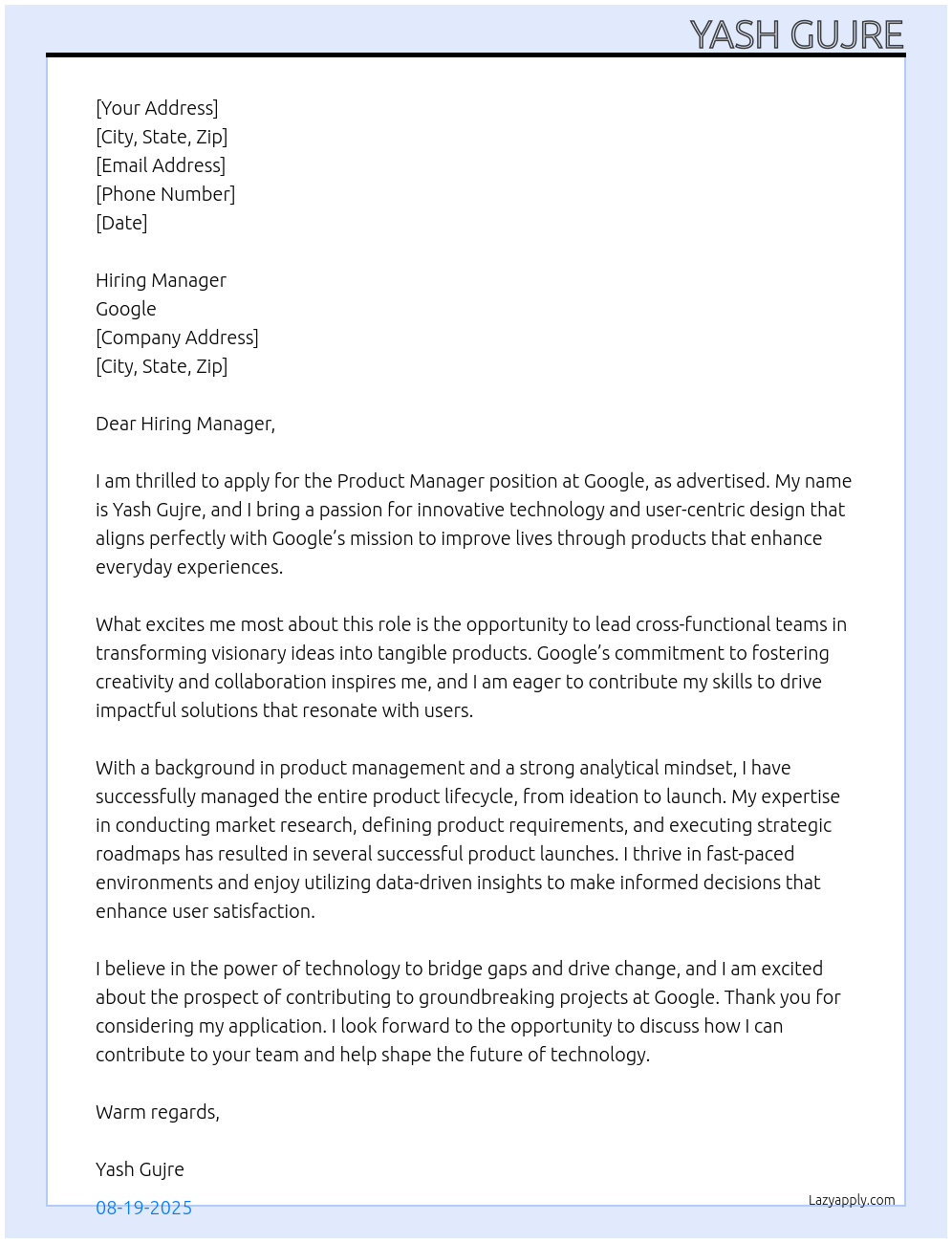 Product manager At Google Cover Letter