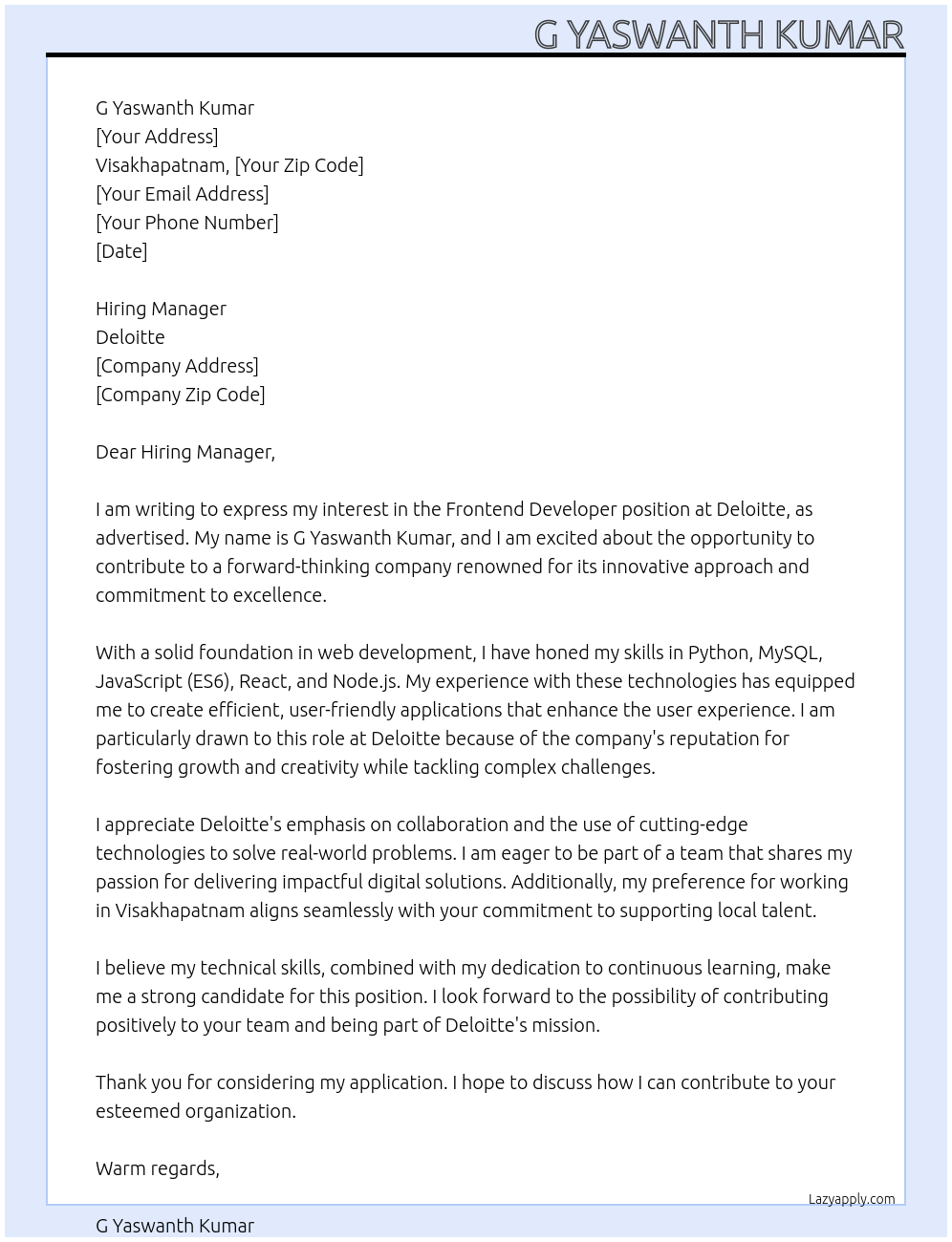 web developer At deloite Cover Letter