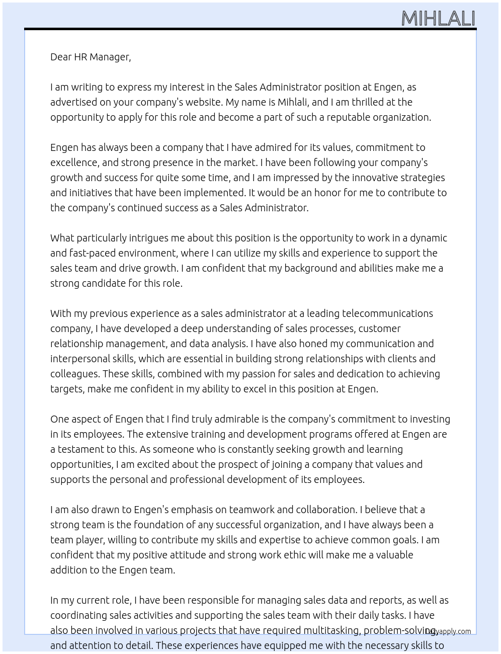 Sales Administrator At Engen Cover Letter