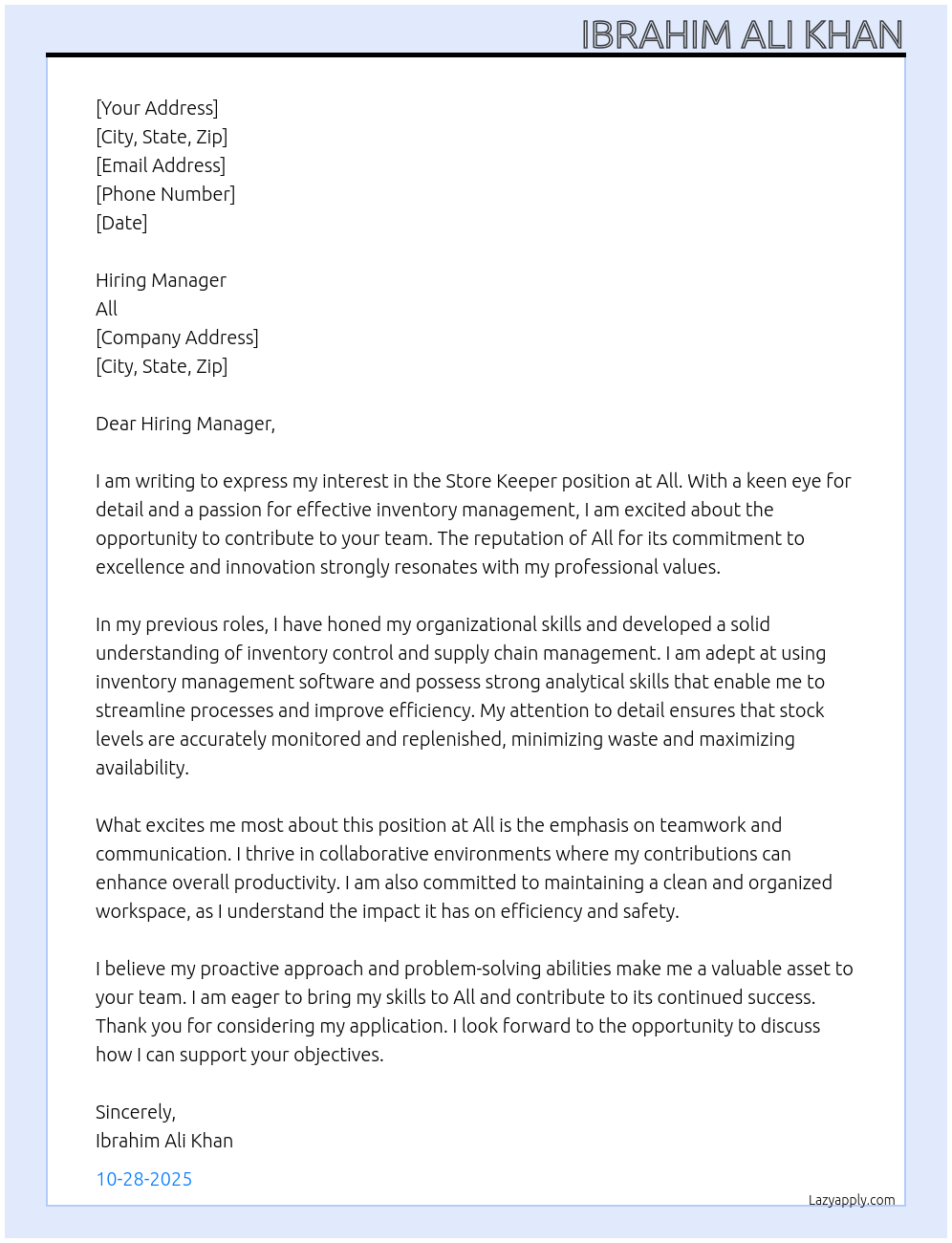 store keeper At All Cover Letter