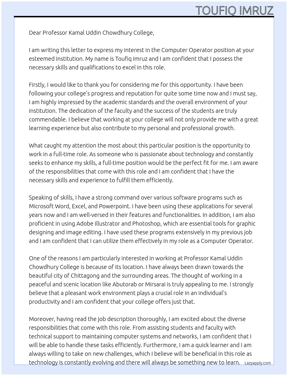 Computer Operator At Professor Kamal Uddin Chowdhury College Cover Letter