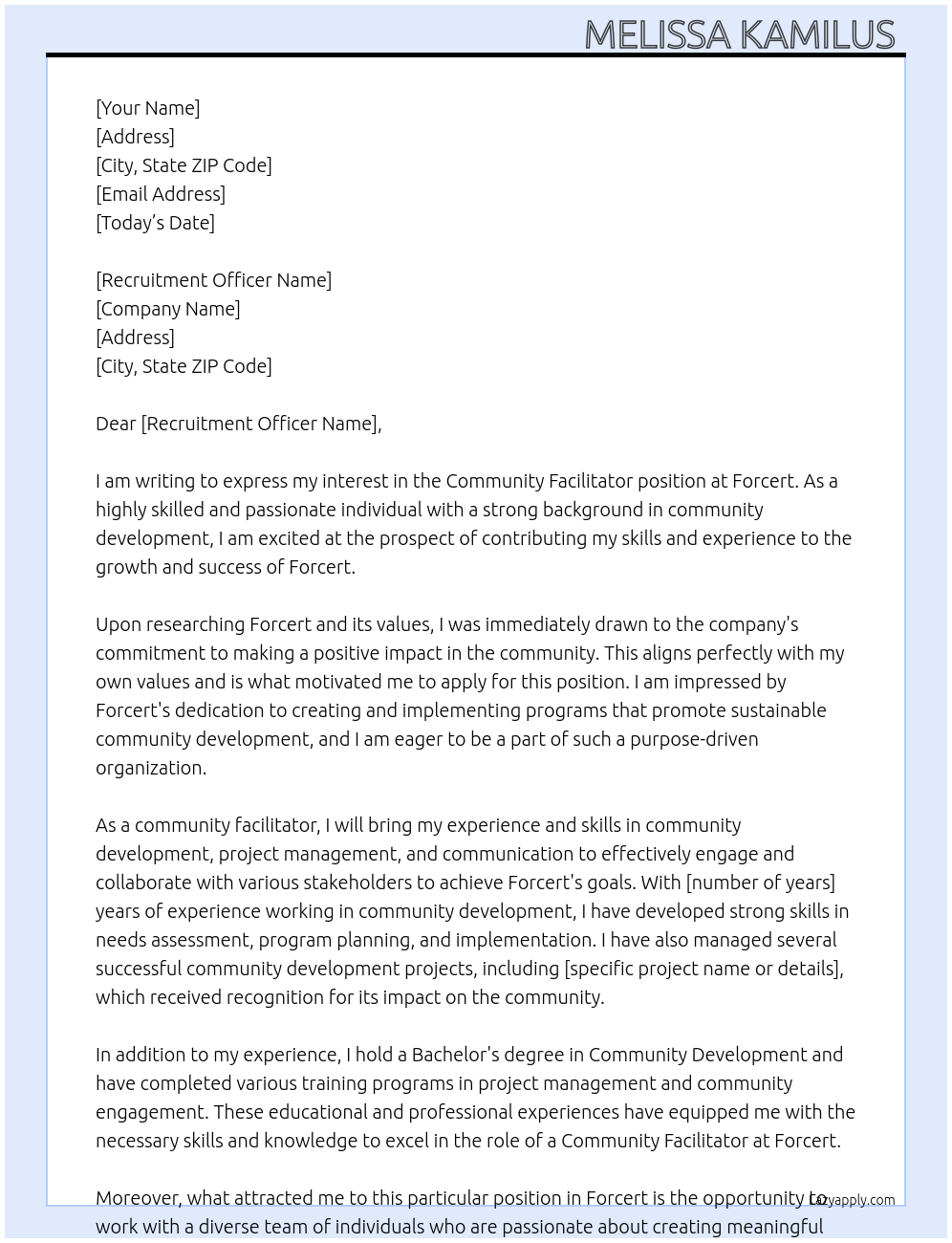 Community Facilitator  At Forcert Cover Letter