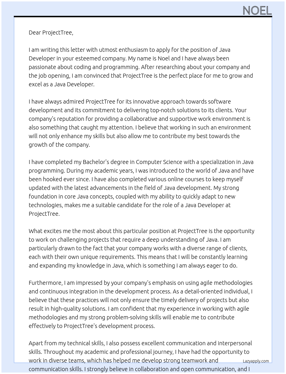 Java developer At ProjectTree Cover Letter