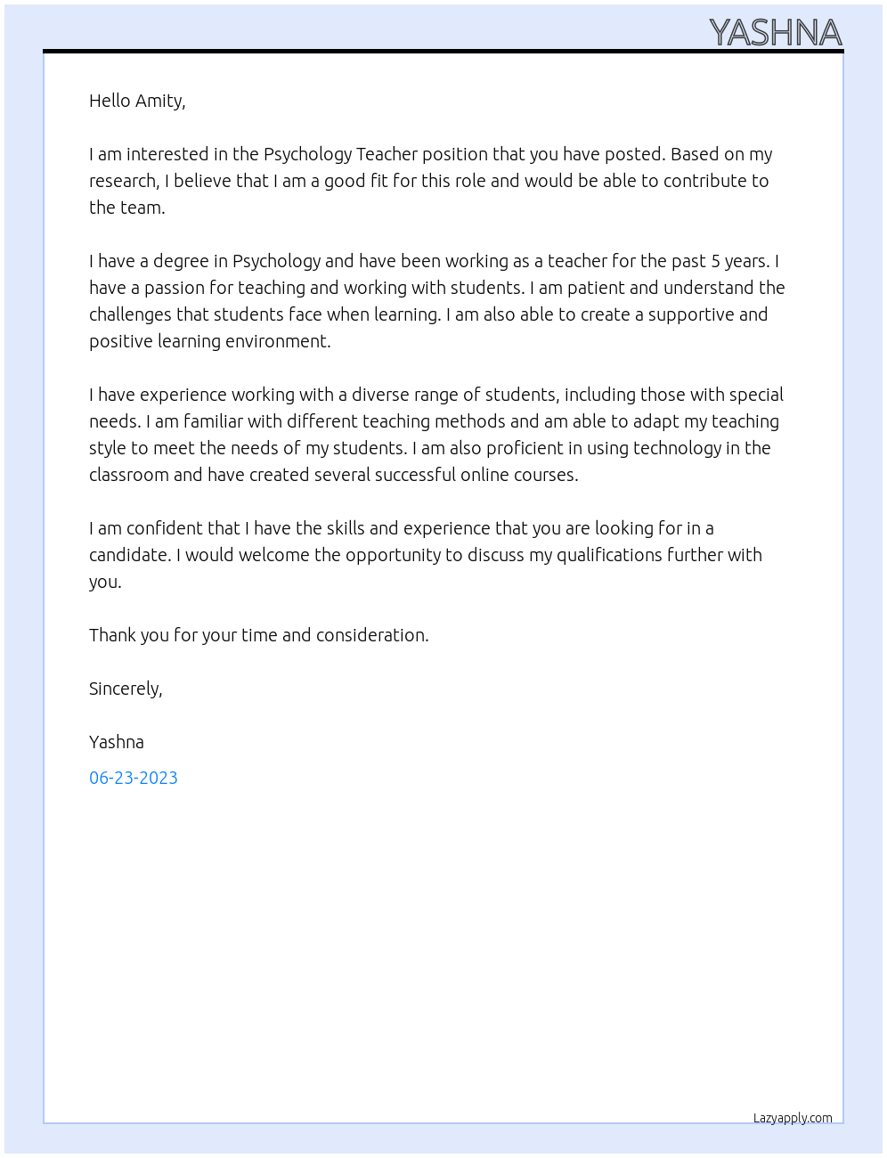 Psychology Teacher At Amity Cover Letter