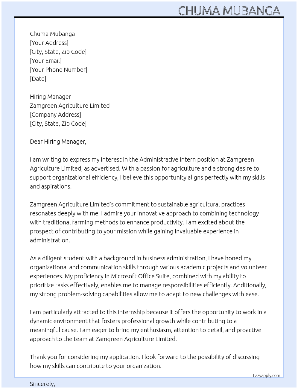 Cover letter for administrative intern - LazyApply