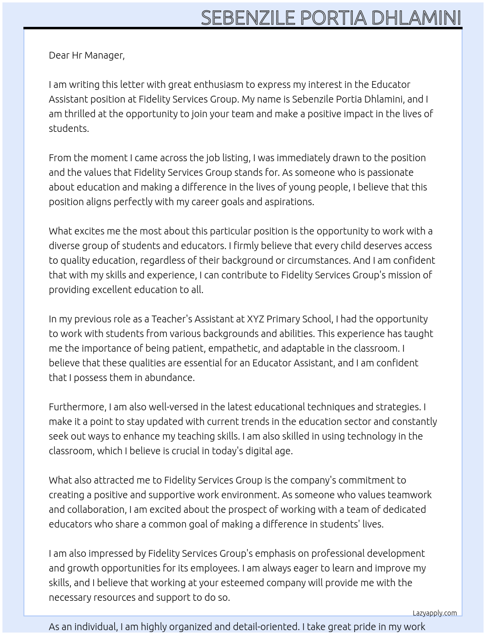 Educator Assistant  At fidelity Services Group Cover Letter