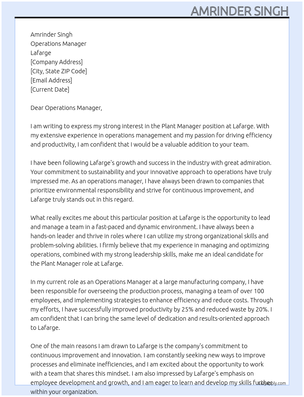 plant manager  At Lafarge Cover Letter