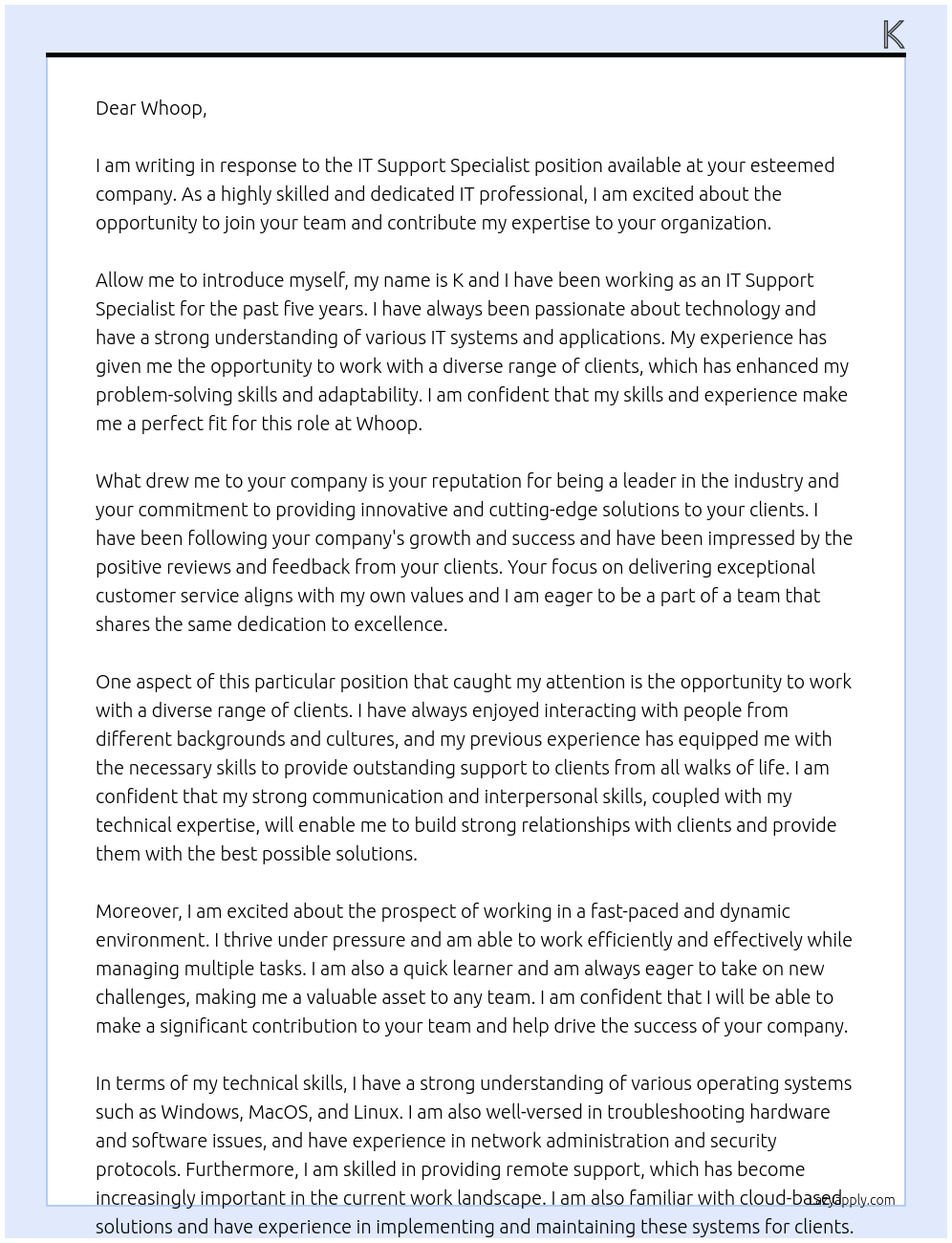 IT Support Specialist At Whoop Cover Letter