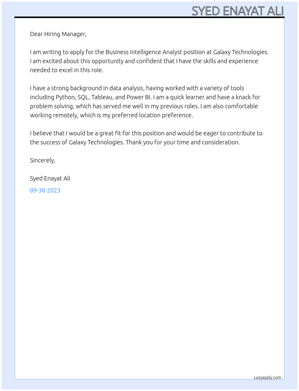 Business Intelligence Analyst At Galaxy Technologies Cover Letter