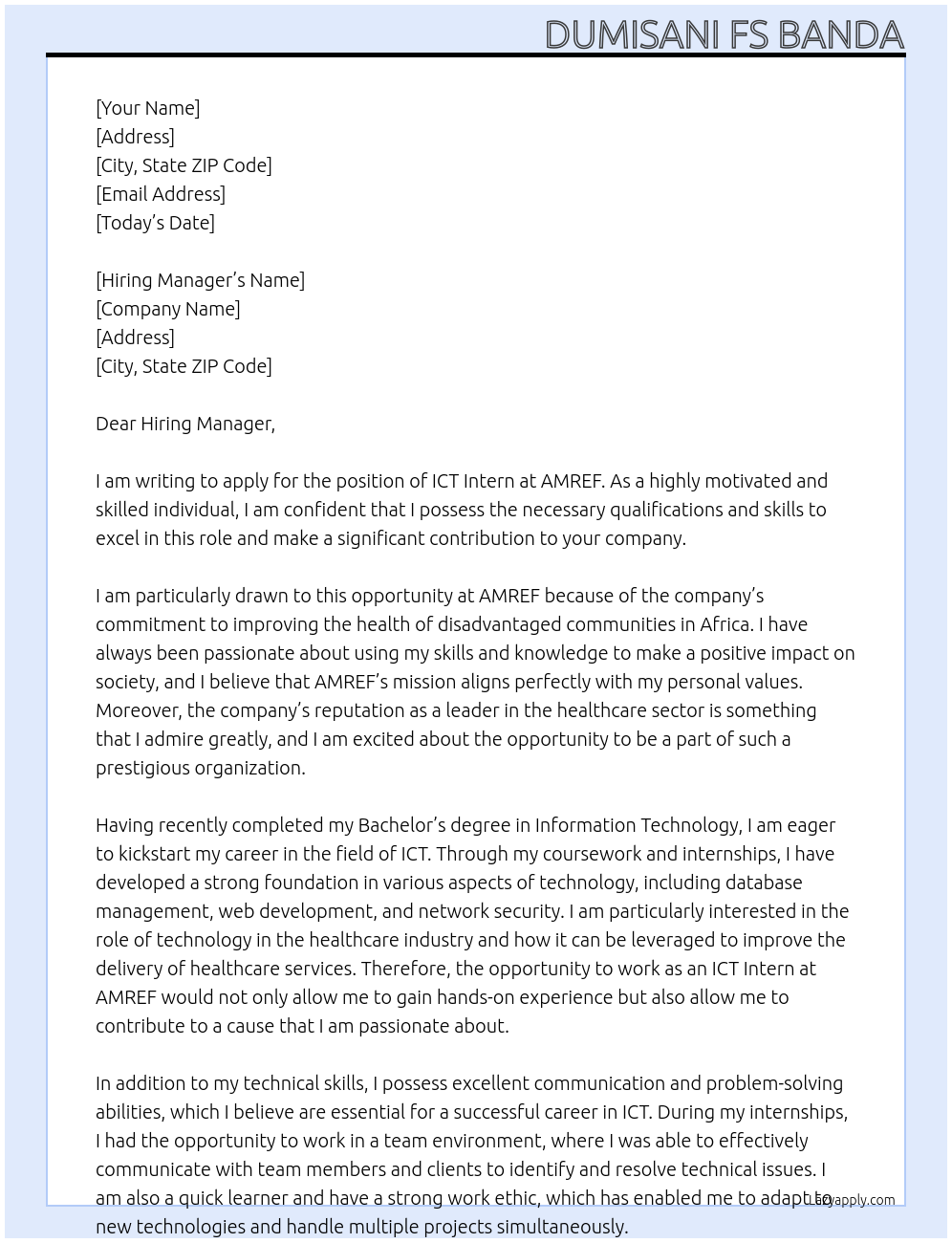 ICT INTERN At AMREF Cover Letter