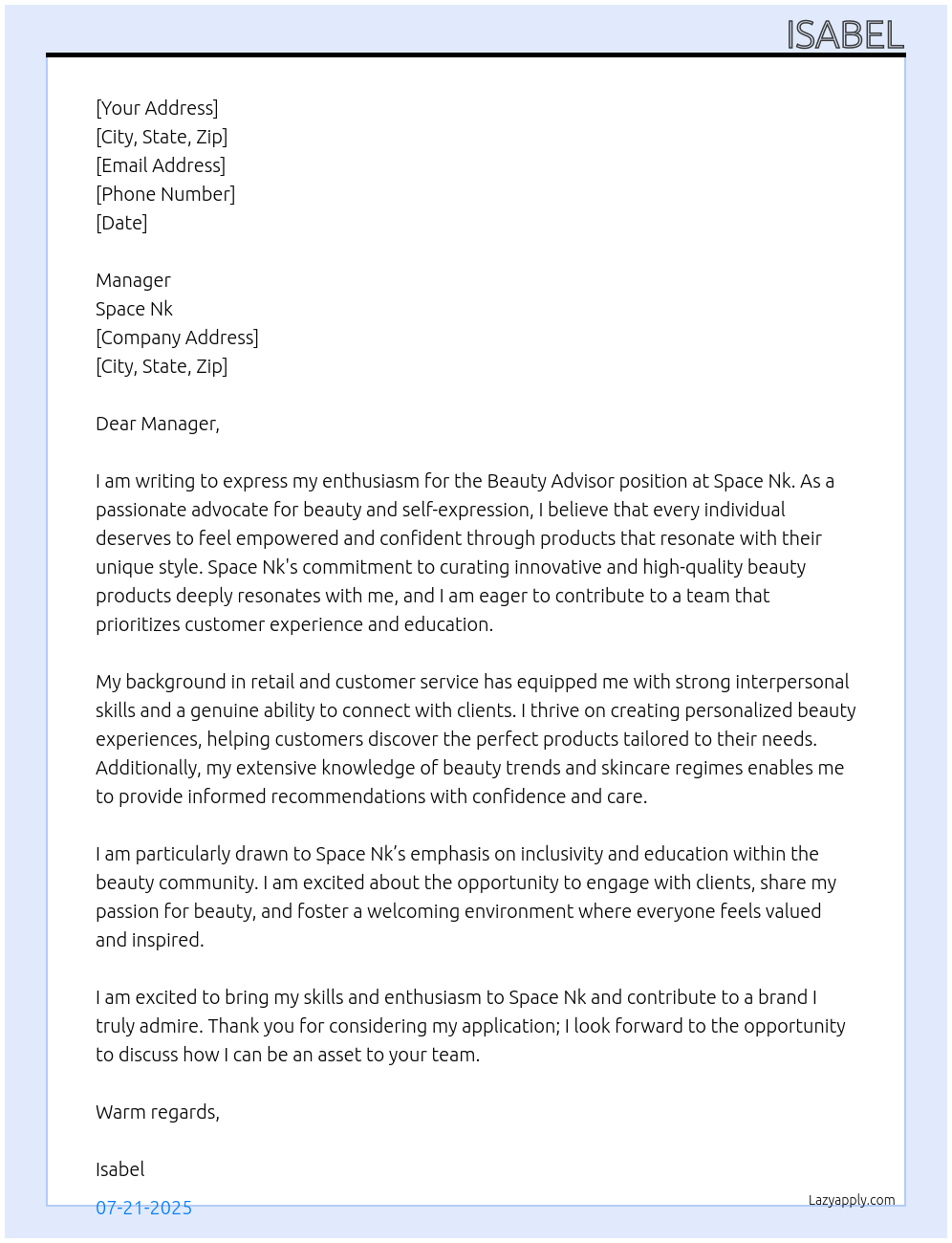 beauty advisor At Space Nk Cover Letter