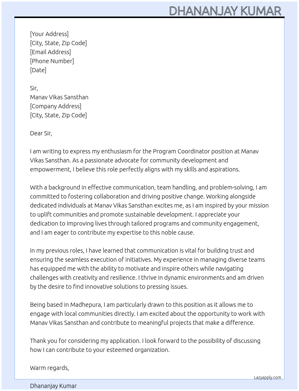 Program coordinator At Manav Vikas Sansthan Cover Letter