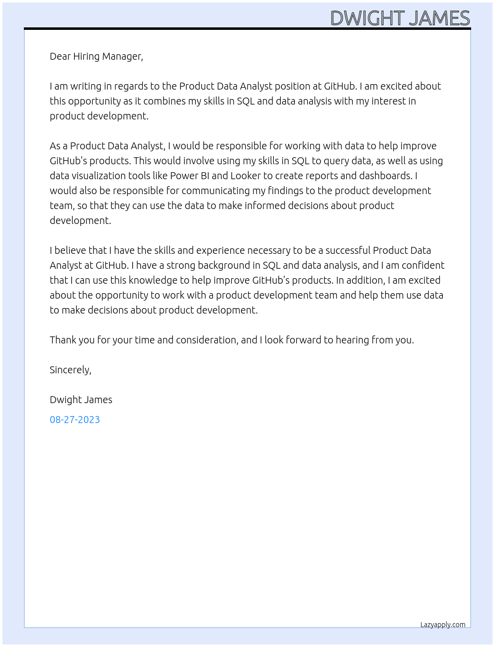 Product Data Analyst At GitHub Cover Letter