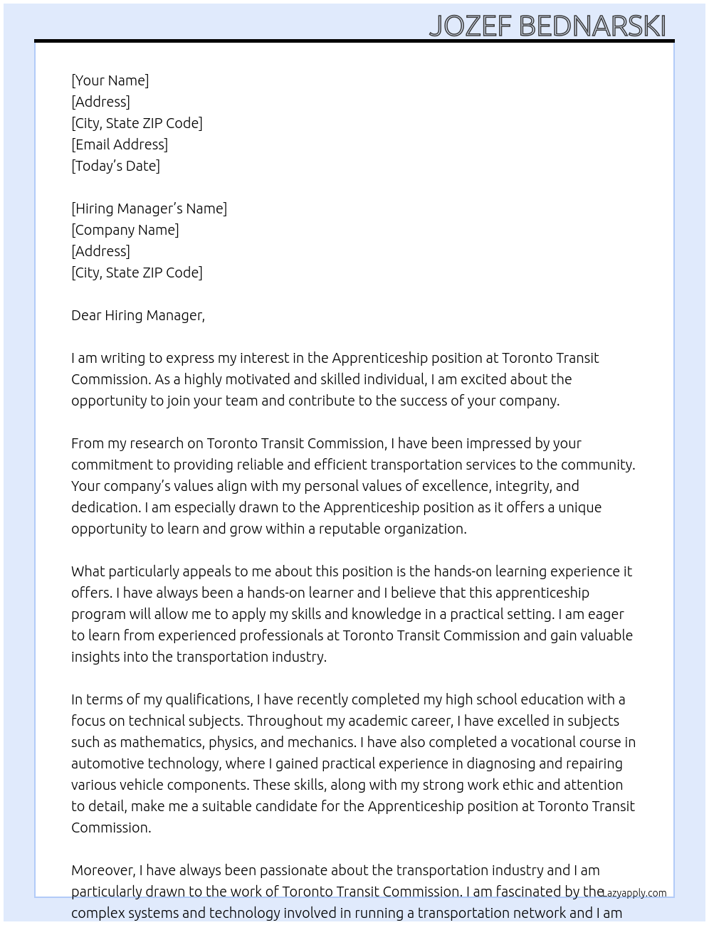 Apprenticeship At Toronto Transit Commission Cover Letter