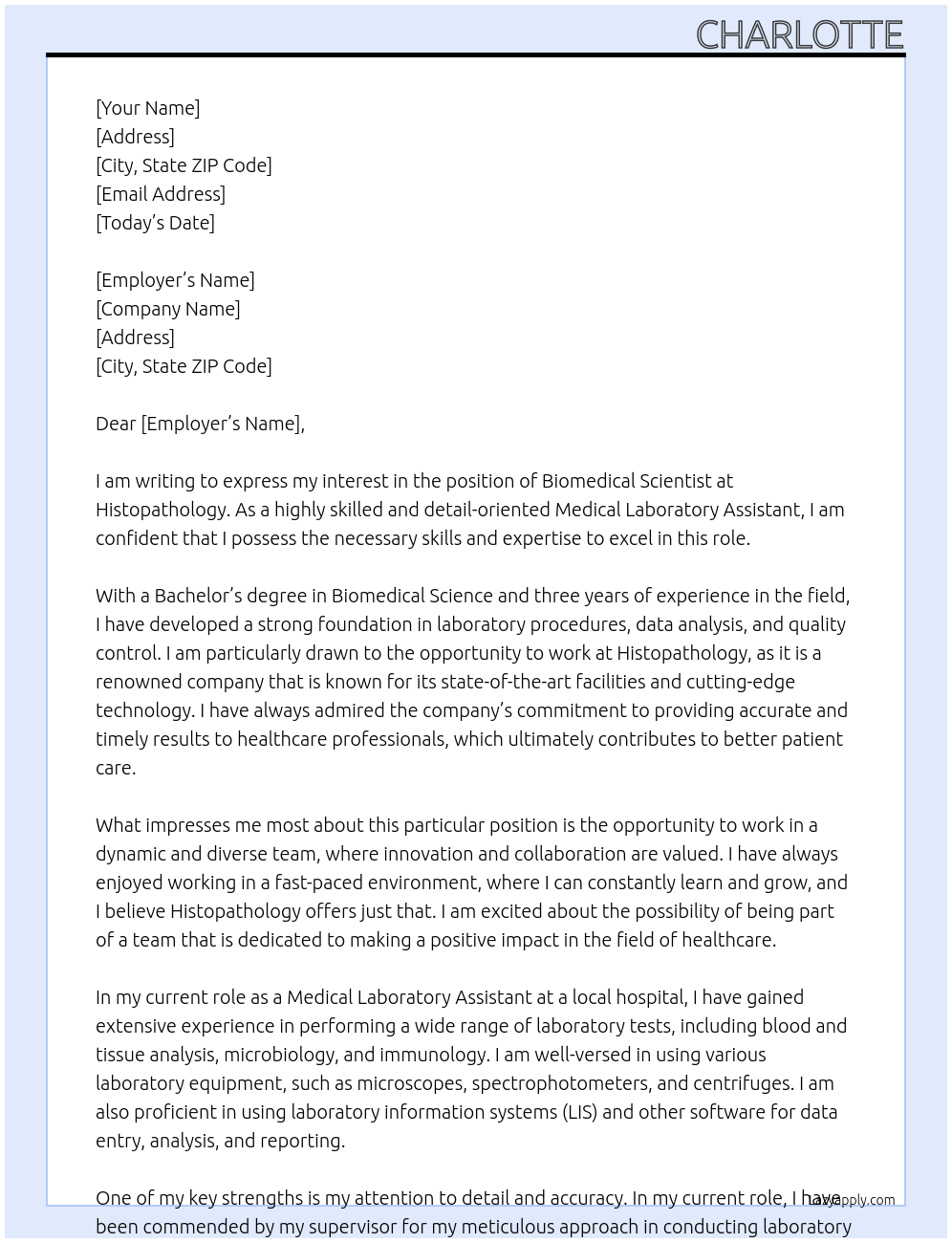 biomedical scientist At histopathology Cover Letter