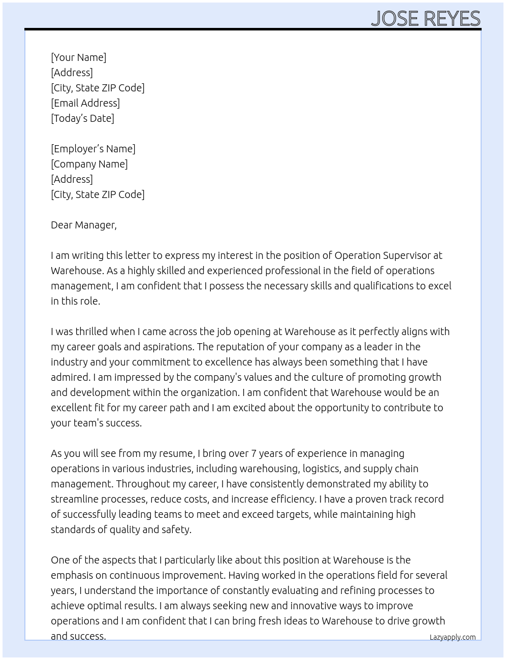 Operation supervisor  At Warehouse Cover Letter