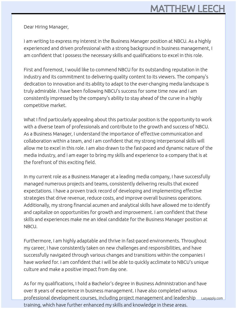 Business Manager At NBCU Cover Letter