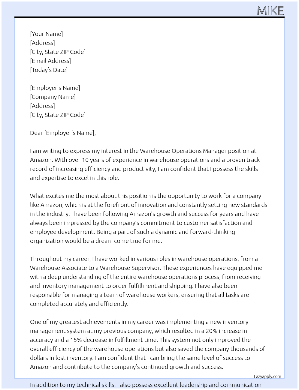 Warehouse Operations Manager At Amazon Cover Letter