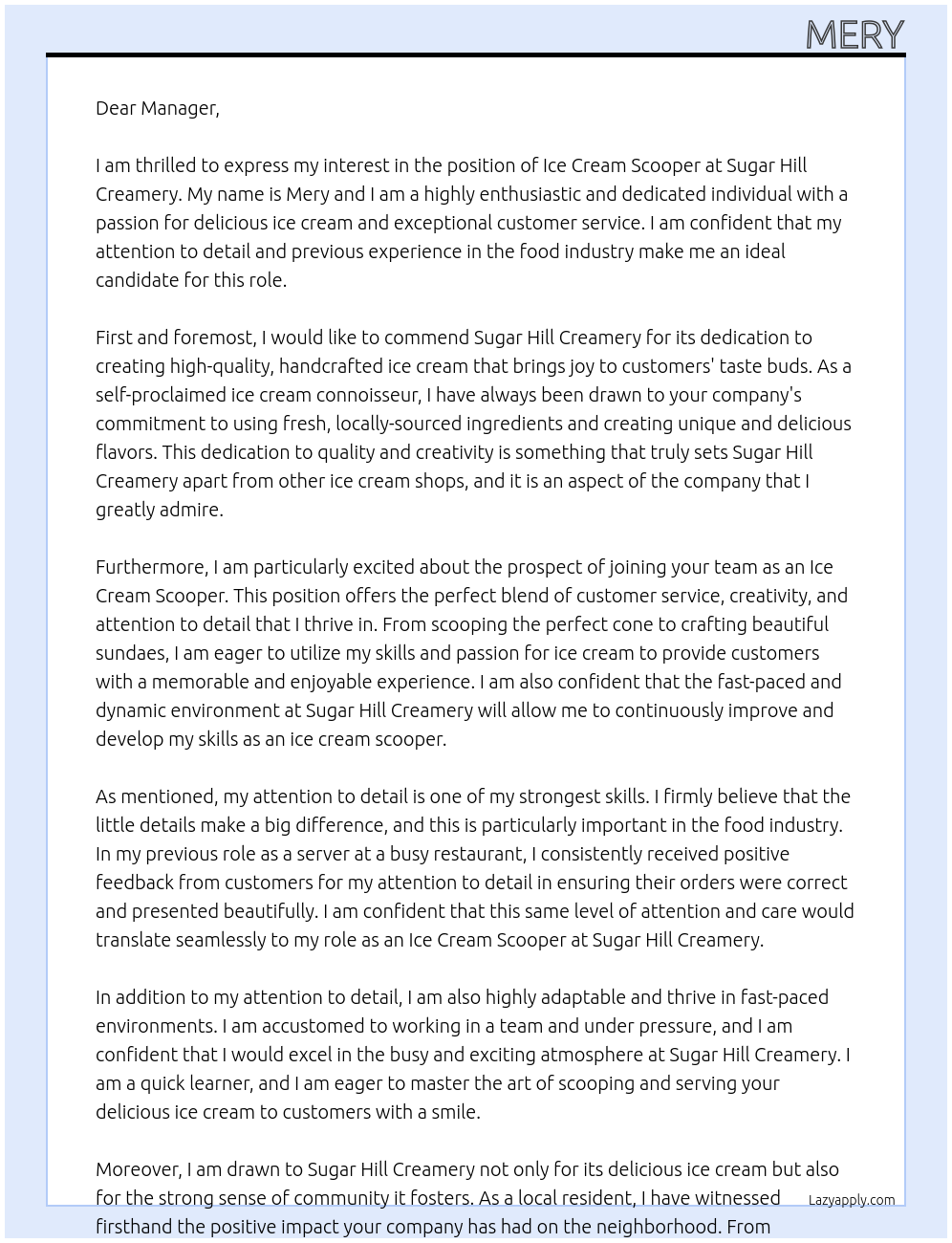 Ice cream scooper At Sugar hill creamy  Cover Letter