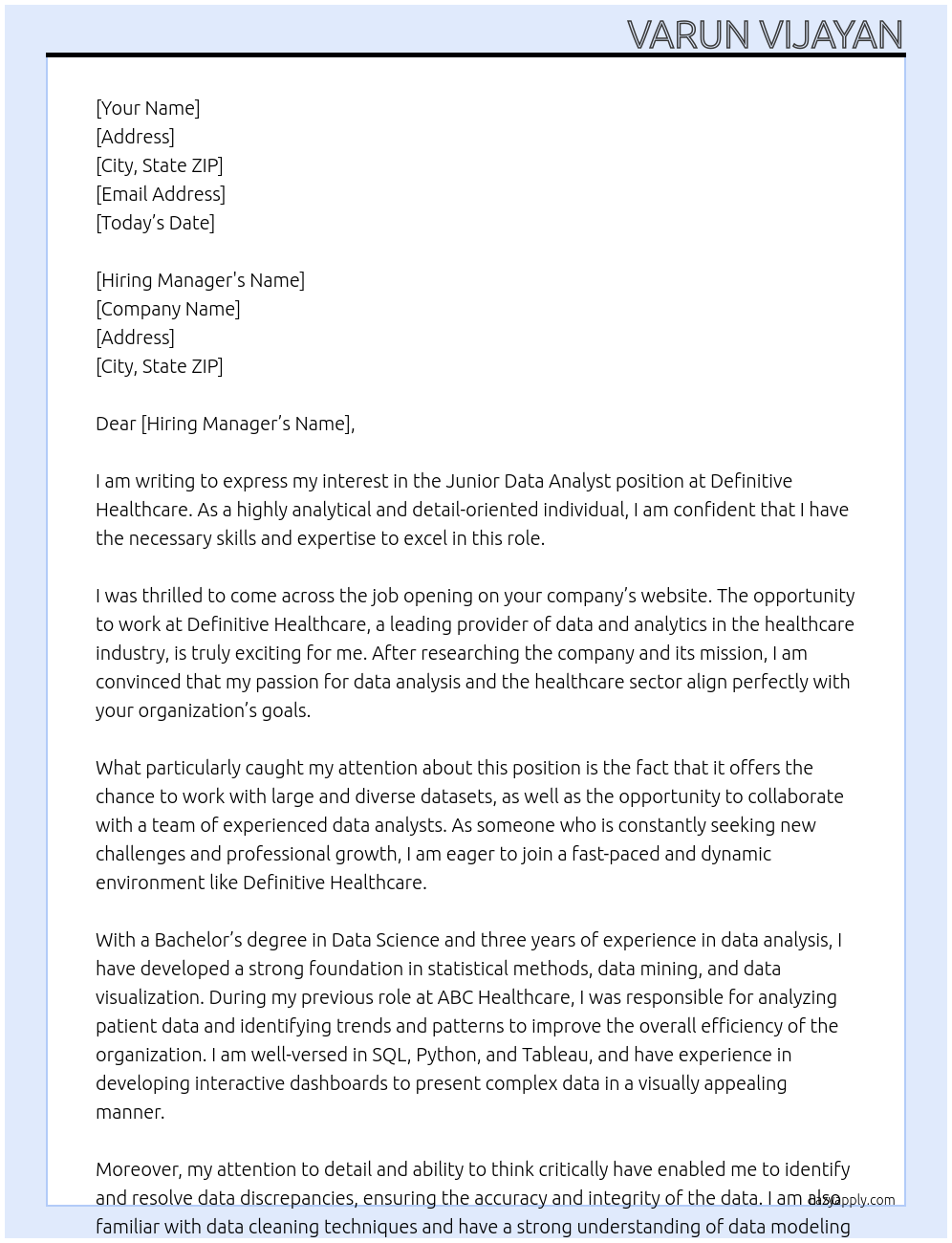 Junior Data Analyst At Definitive Healthcare Cover Letter