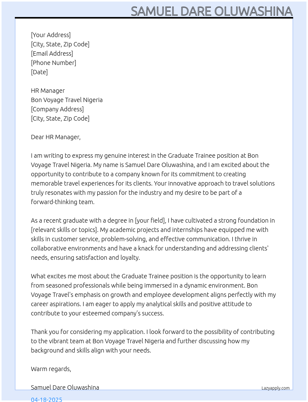 Graduate Trainees At Bon Voyage Travel Nigeria Cover Letter