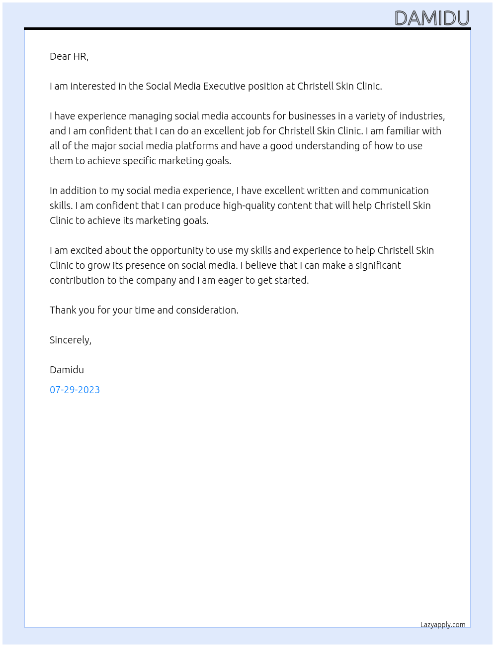 Social Media Executive At Chirstell Skin Clinic Cover Letter