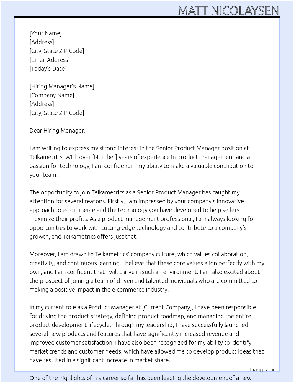 Senior Product Manager At Teikametrics Cover Letter