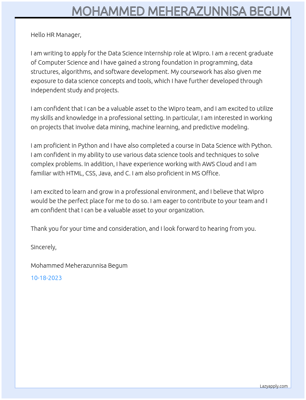 Data Science At Wipro Cover Letter