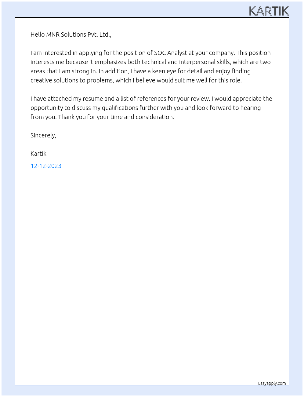 SOC Analyst At MNR Solutions Pvt. Ltd Cover Letter