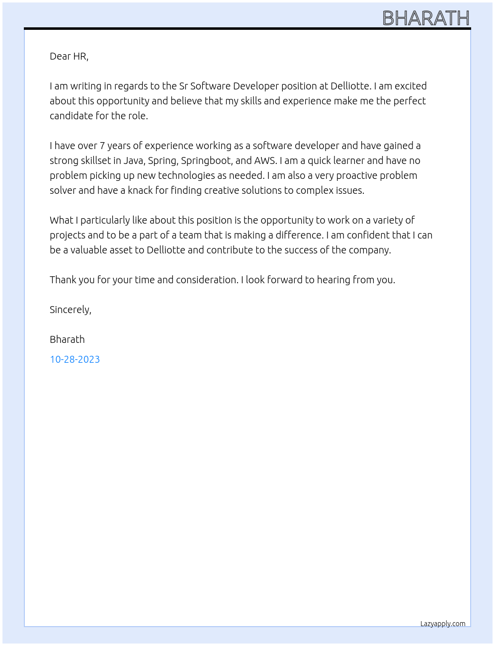 Sr Software Developer At Delliotte Cover Letter