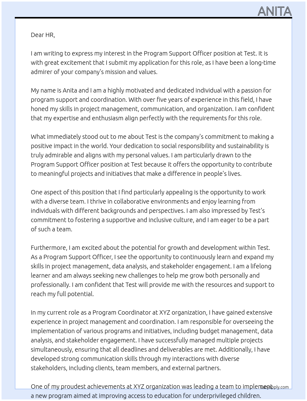 Program Support Officer At Test Cover Letter