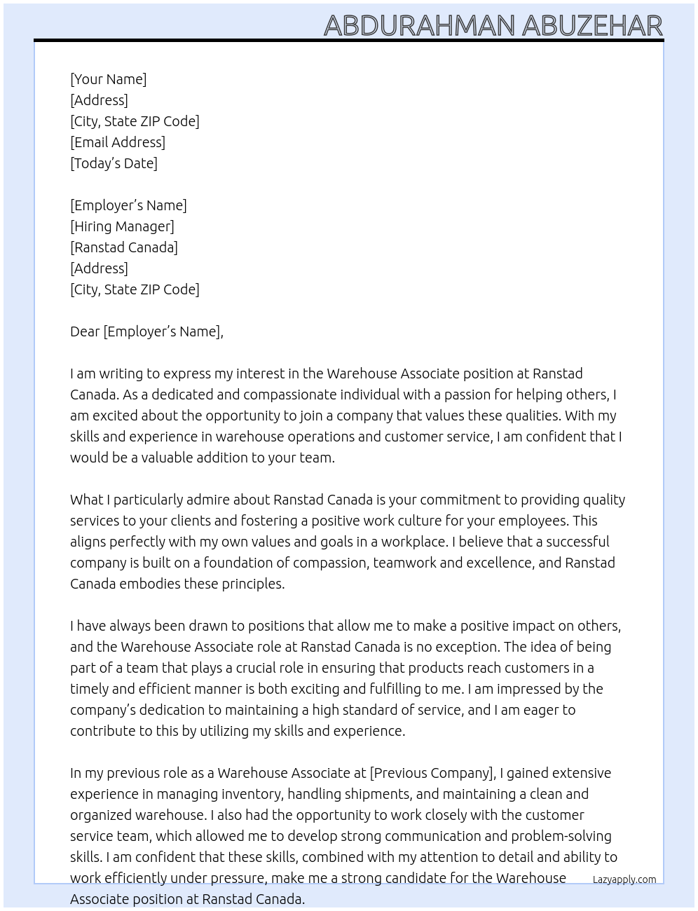 Warehouse Associate  At Ranstad Canada  Cover Letter