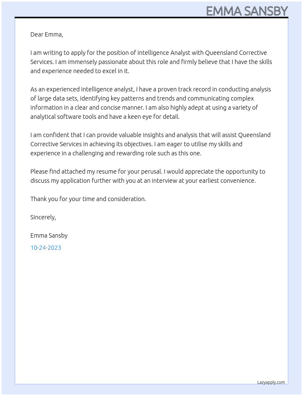 Intelligence Analyst At Queensland corrective service Cover Letter