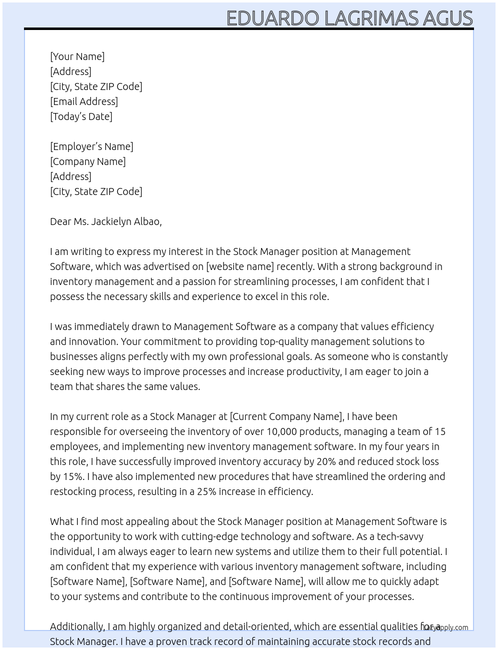 Stock manager At management software Cover Letter