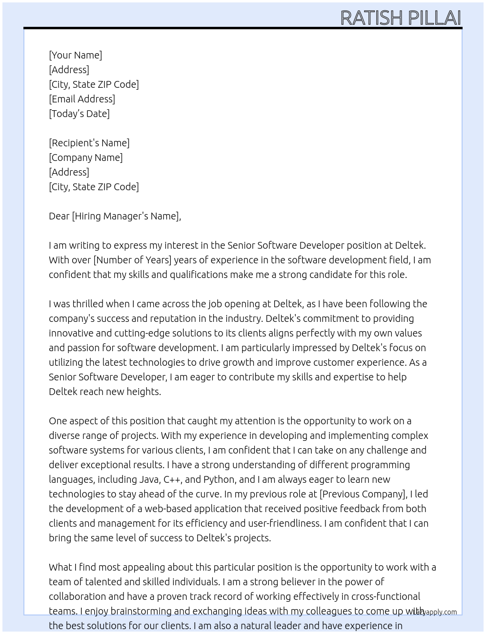 Senior Software Developer At Deltek Cover Letter