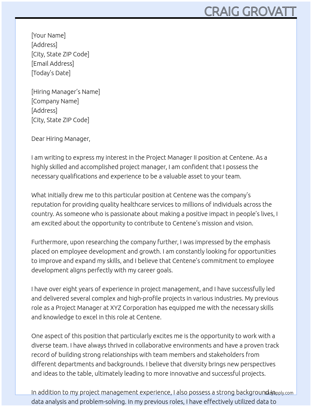 Project Manager II At Centene Cover Letter