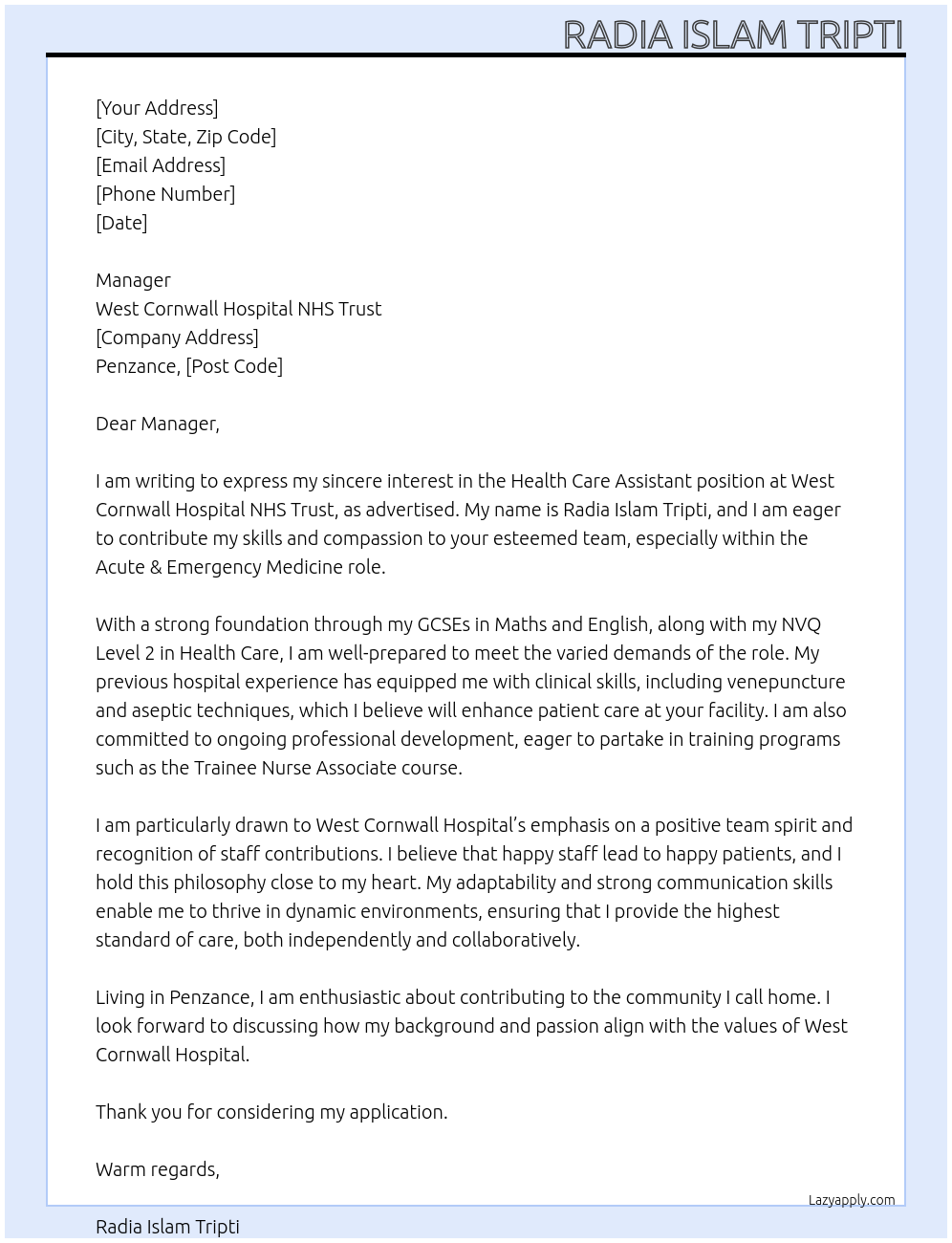 Health care assistant  At West Cornwall Hospital NHS Trust  Cover Letter