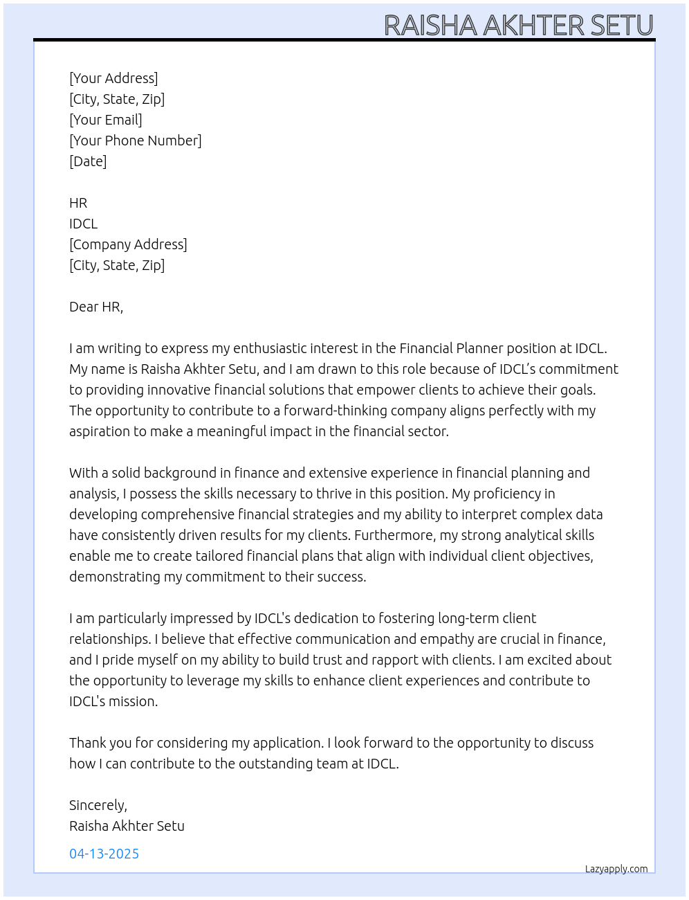 Cover letter for financial planner - LazyApply