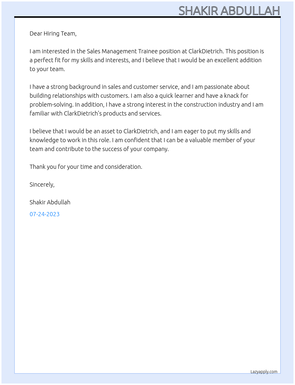 Cover letter for sales management trainee - LazyApply